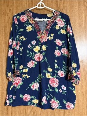 Belle by Kim Gravel Navy Top with Pink Script Label and Gold Logo